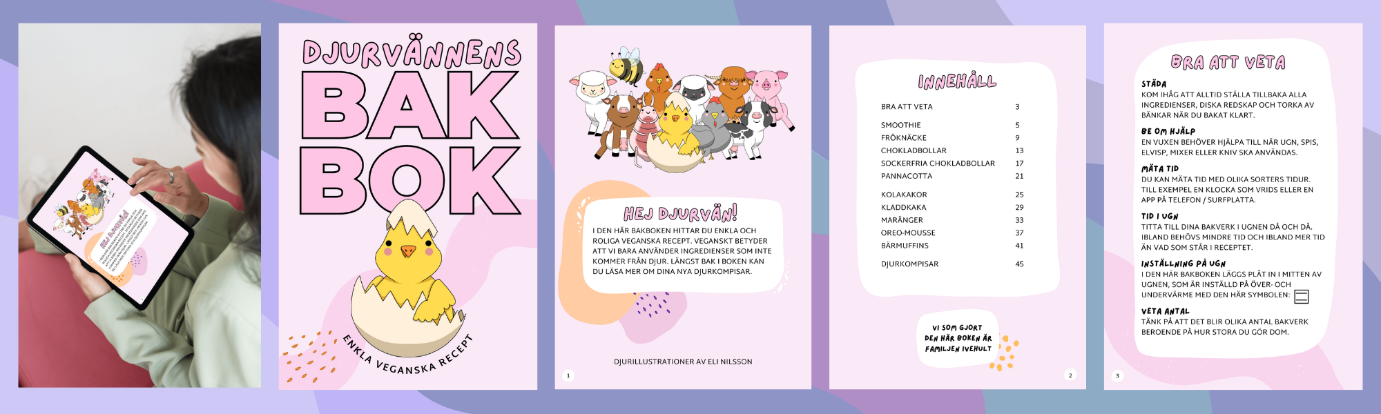 6 sidor bredvid varandra varav 2 rosa sidor med introduktion och innehållsförteckning. 4 receptsidor av chokladboll med ljust orange bakgrund.